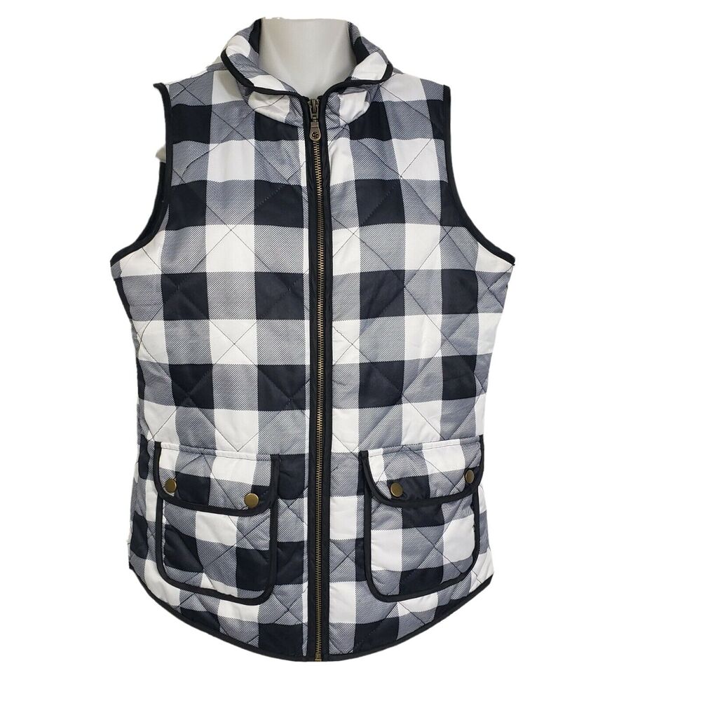 ETWO Womens Vest Size Small Quilted Checkered Black White Full Zip Flap Pockets
